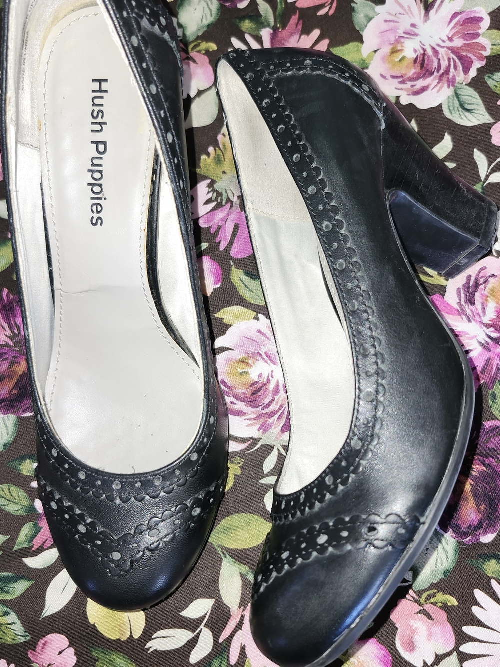 Hush Puppies Black Leather Heeled Brogue Pumps